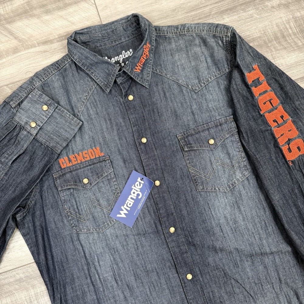 Wrangler Retro Mens‎ Western Pearl Snap Denim Shirt  Clemson Tigers LARGE NWT - Picture 2 of 10